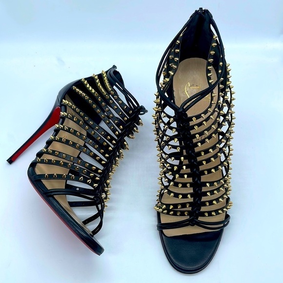 Christian Louboutin Black gold studded gladiator Milla Clou ankle heels EU 38.5 - Picture 1 of 10